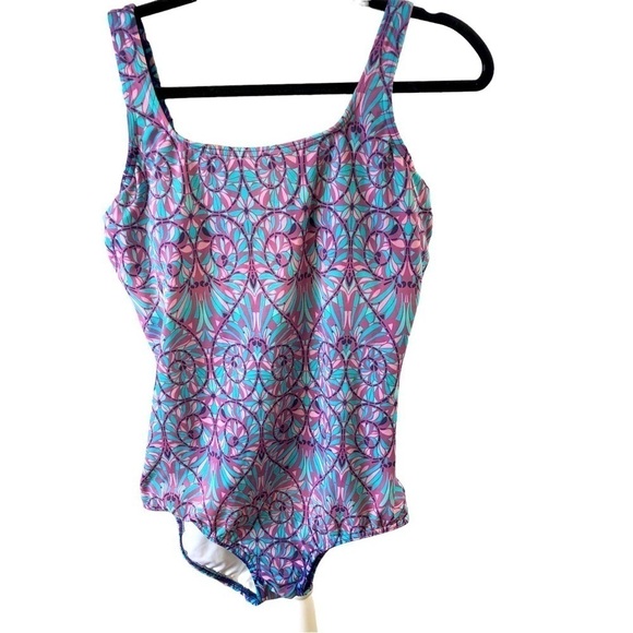 Lands End One Piece Swimsuit Women 12 DDD  Teal Mauve Geometric Design  Lined - Picture 1 of 8